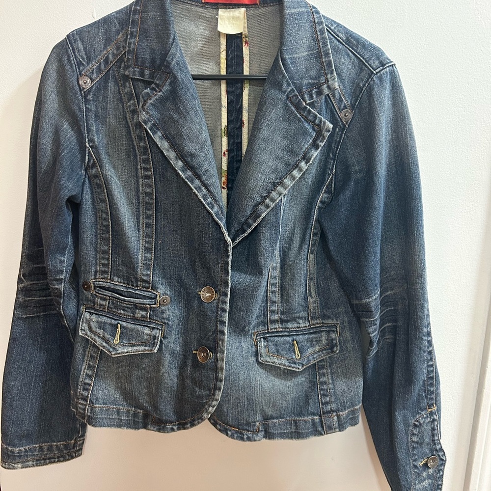 Level 99 Distressed Denim Blazer Womens L Cotton Spandex Blend Stretch‎ Jacket